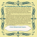Text on a yellow background with decorative blue elements, introducing the blessed names series.