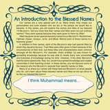 Text on a yellow background with decorative blue elements, introducing the blessed names series.