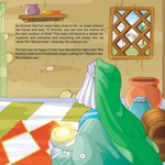 Illustration of a character holding a baby with text about an angel and the naming of Muhammad.