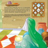 Illustration of a character holding a baby with text about an angel and the naming of Muhammad.