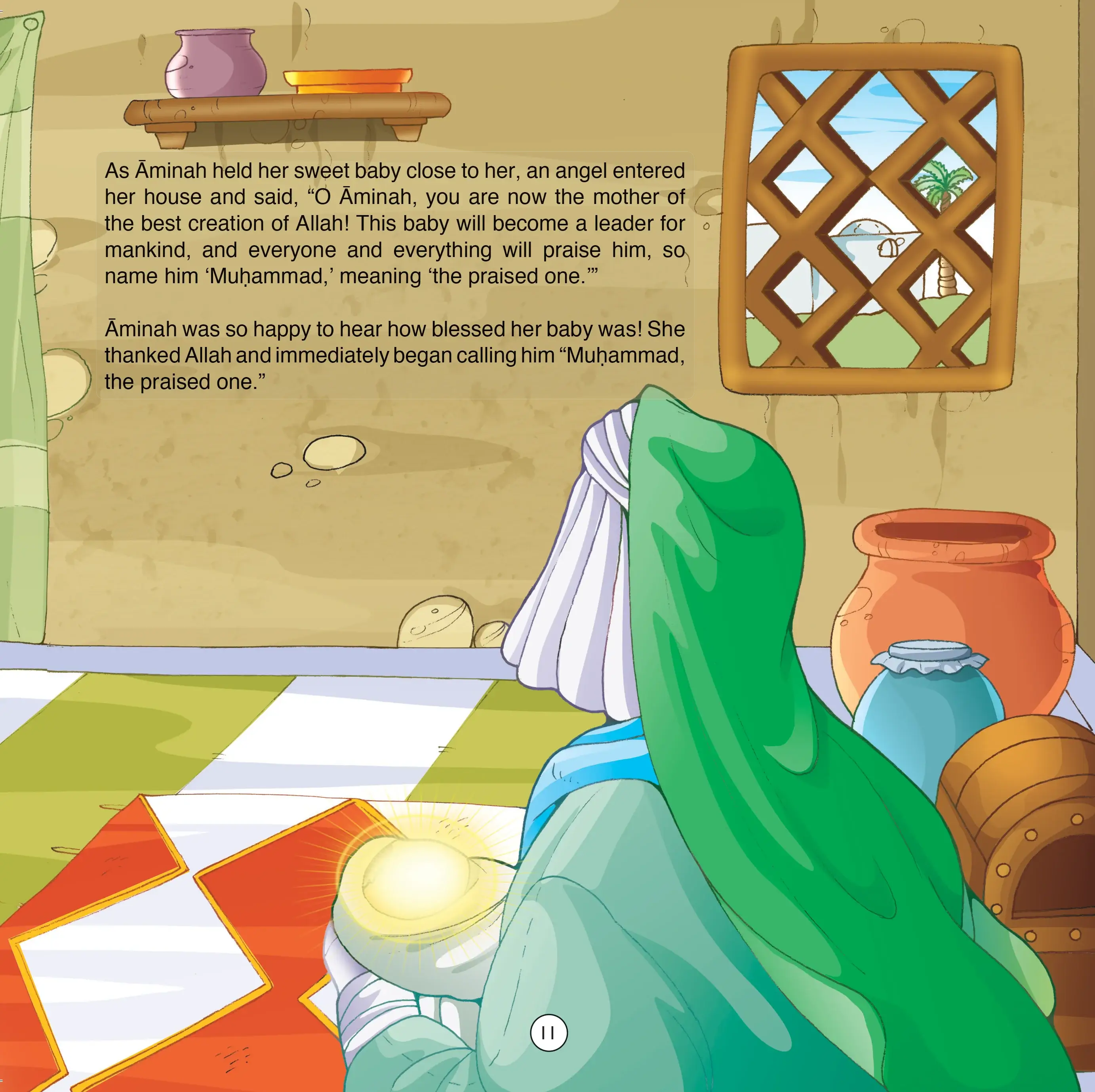 Illustration of a character holding a baby with text about an angel and the naming of Muhammad.