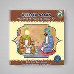 Book cover of 'Blessed Names' with two characters sitting and a gray background