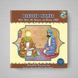 Book cover of 'Blessed Names' with two characters sitting and a gray background