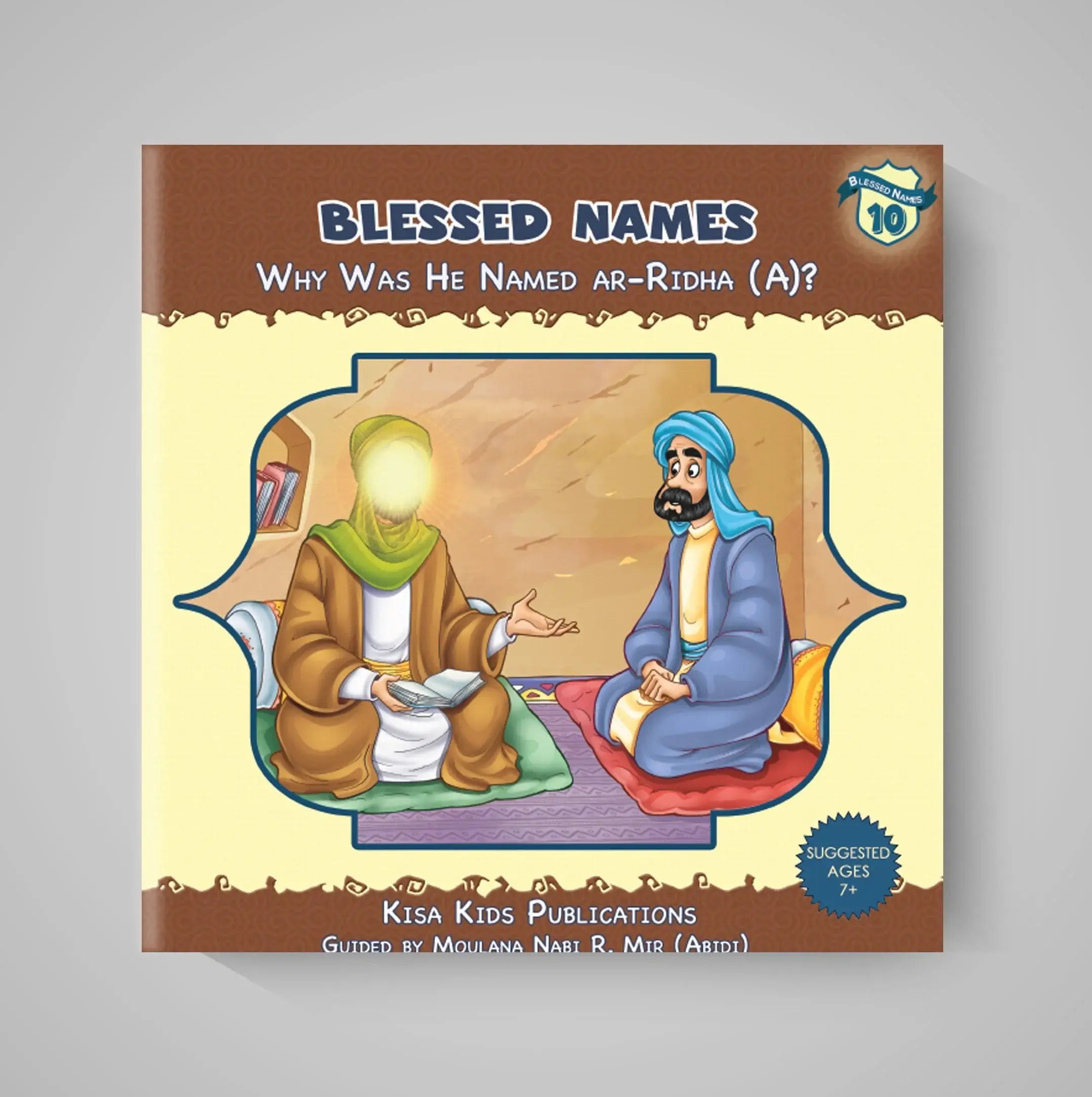 Book cover of 'Blessed Names' with two characters sitting and a gray background