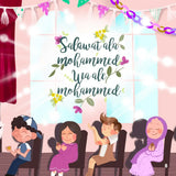 Illustration of children sitting on chairs with decorative text and colorful elements.