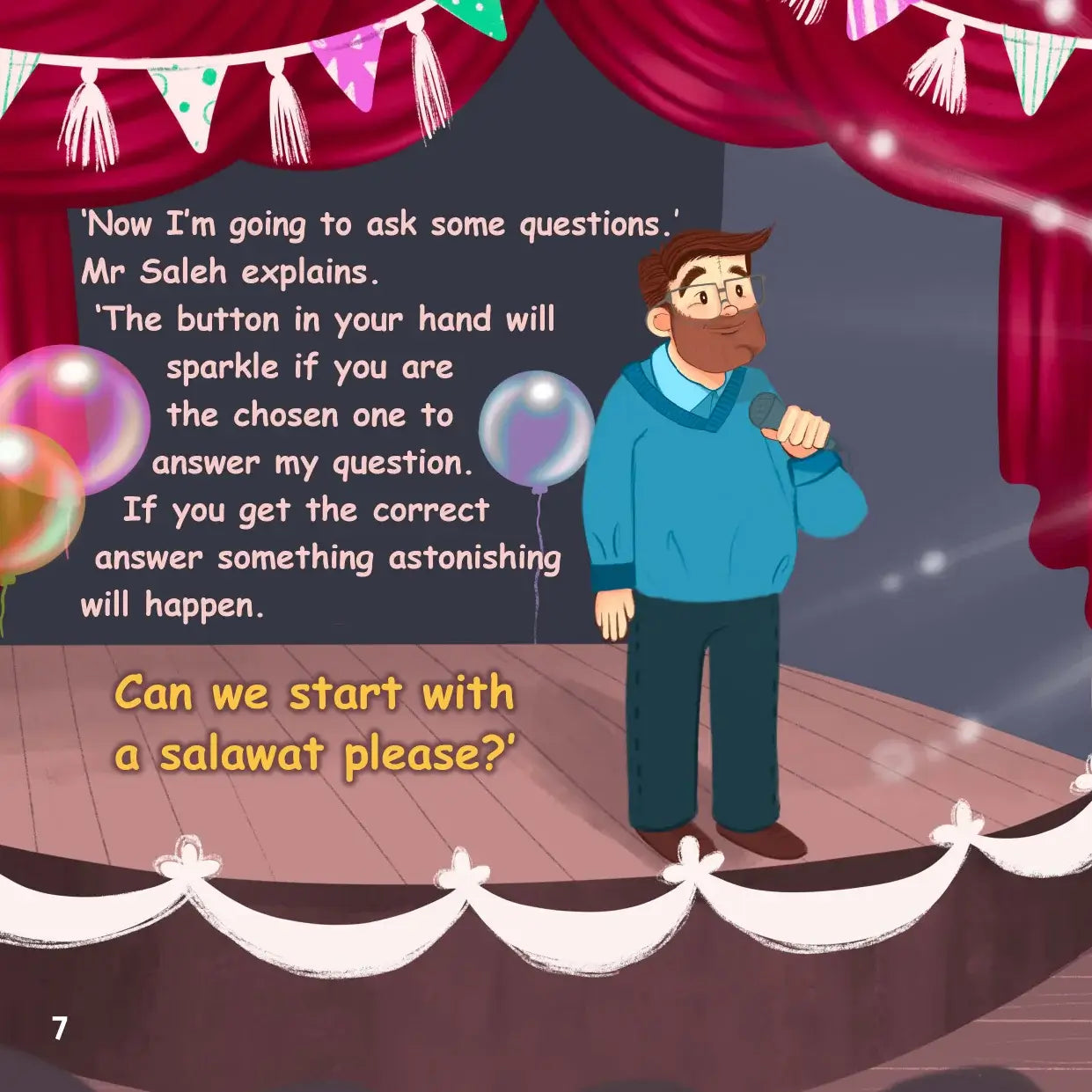 Illustration of a man on a stage with a microphone, text overlay, and colorful decorations.