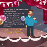 Illustration of a man on a stage with a microphone, text overlay, and colorful decorations.