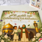 Book titled 'Celebrating Eid AlGhadeer' with illustrations of two children and a mosque on the cover.