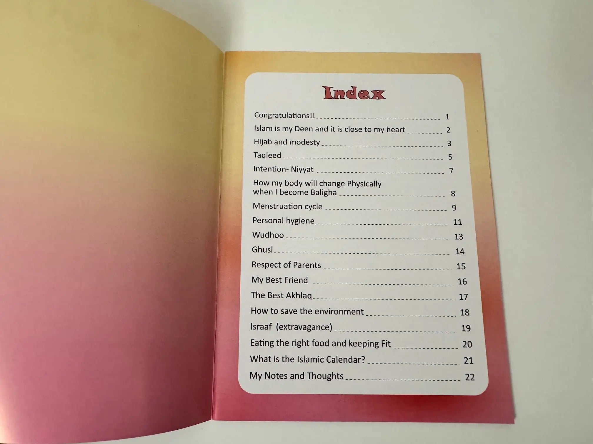 Index page of a book with a gradient cover