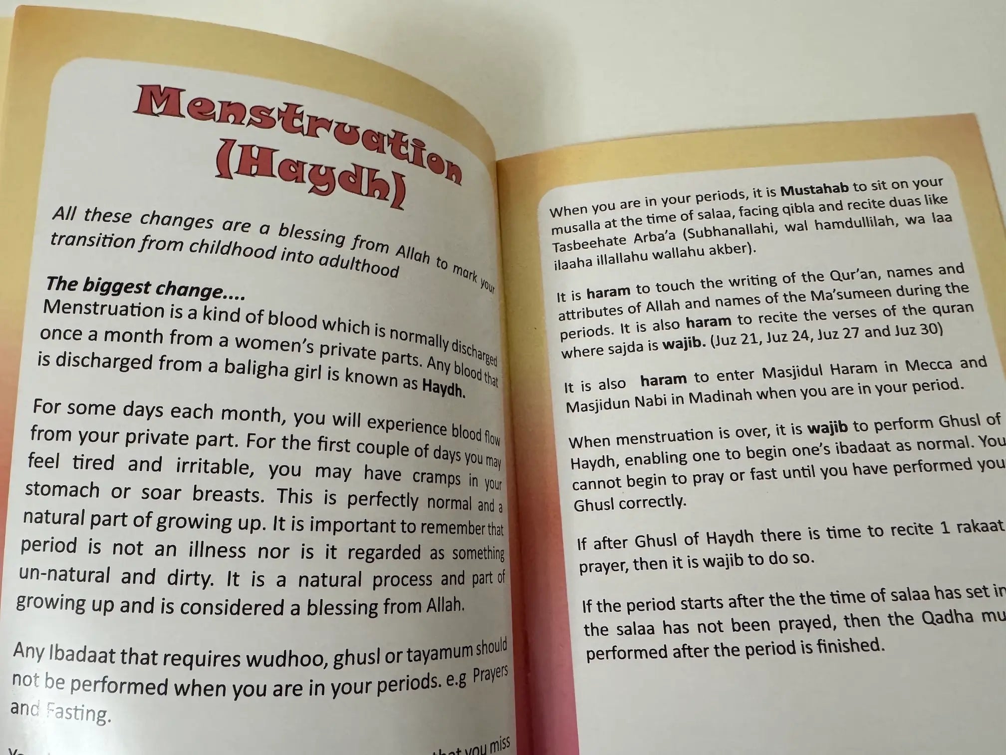 Open book with text on menstruation and religious practices