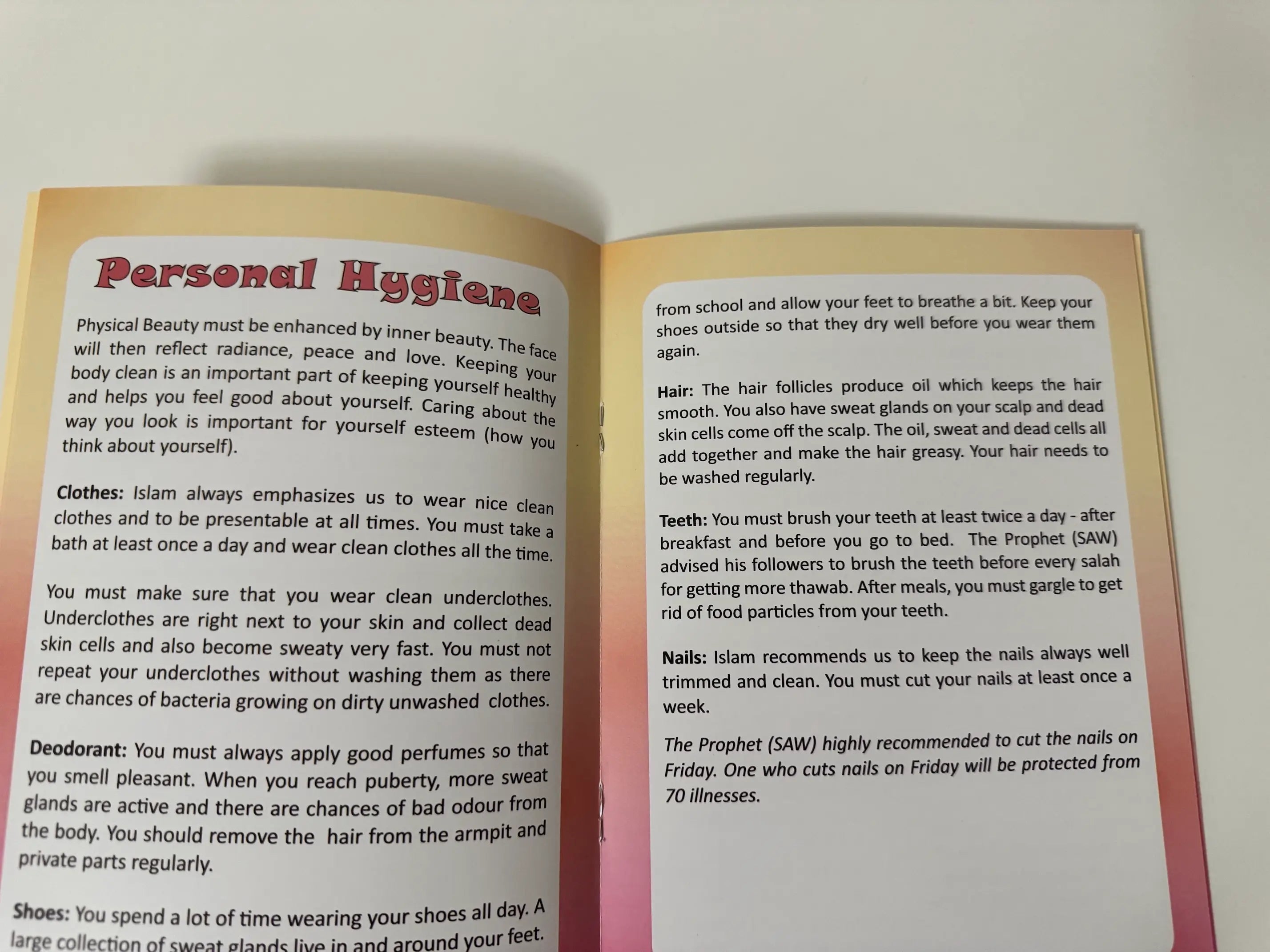 Open book with text on personal hygiene