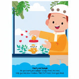 Illustration of a child in an orange shirt with a green hat, standing next to a window with a view of a cityscape.