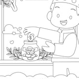 Coloring page of a child with a 'Sadaaqah jar' and text about charity.