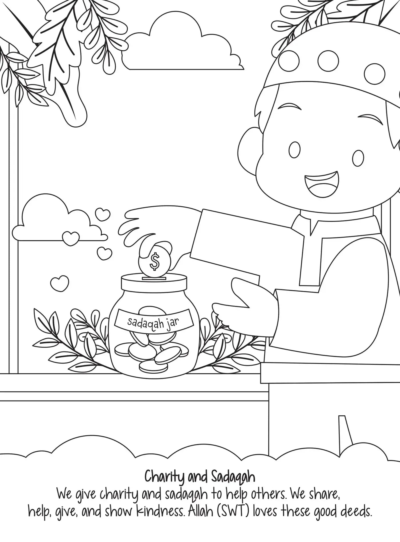 Coloring page of a child with a 'Sadaaqah jar' and text about charity.