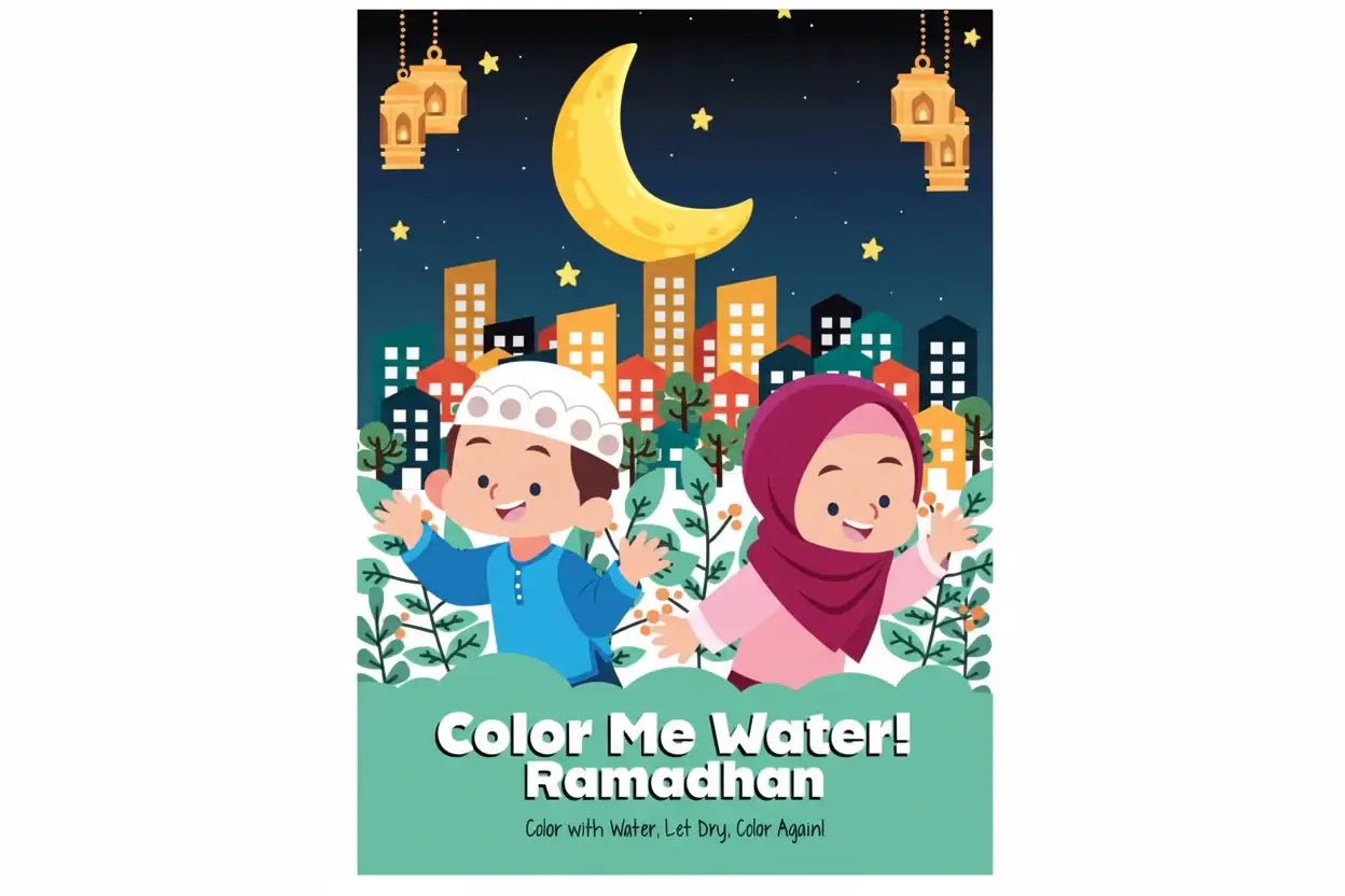 Book cover of 'Color Me Water! Ramadhan' with two children and a cityscape.