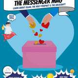 Cover of 'The Messenger Mag' magazine with a heart and gold coin being placed into a pink box.