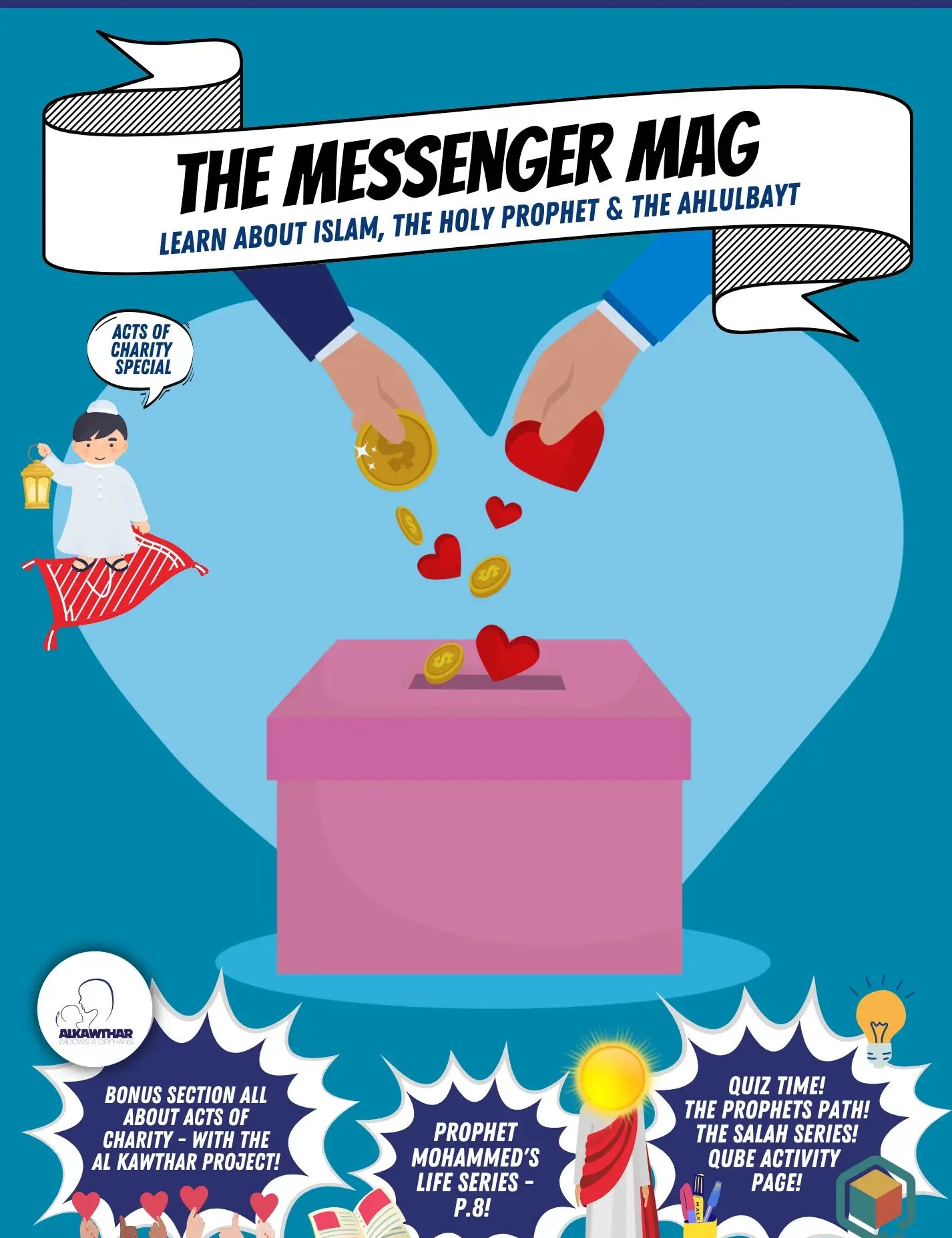 Cover of 'The Messenger Mag' magazine with a heart and gold coin being placed into a pink box.