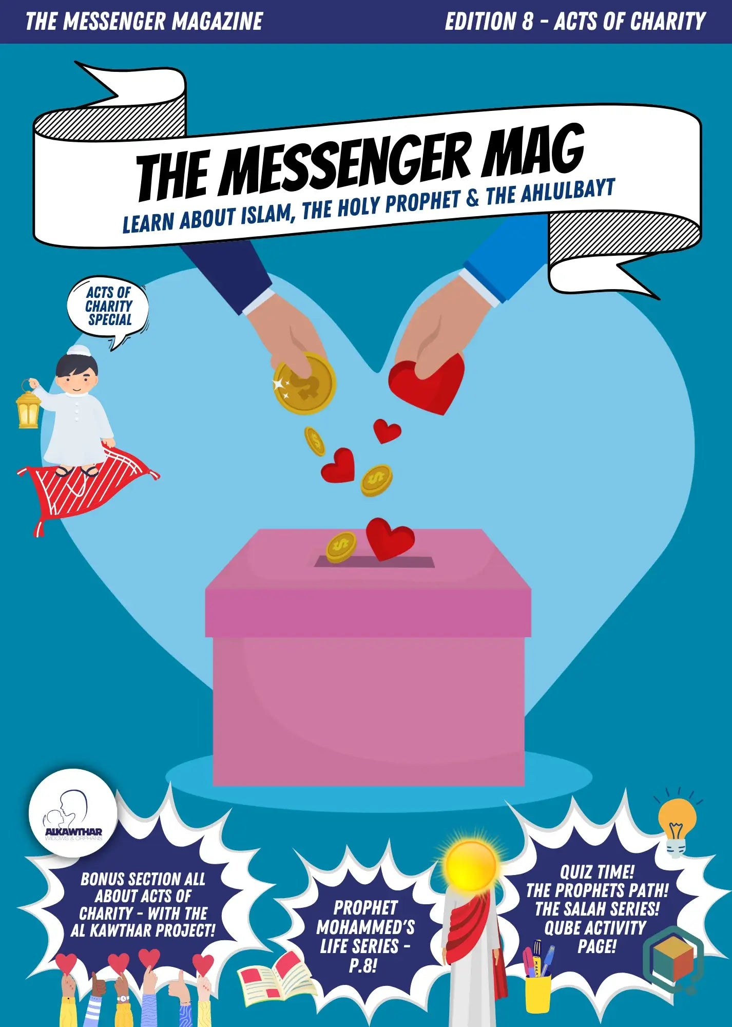 Cover of 'The Messenger Mag' magazine with a heart and gold coin being placed into a pink box.