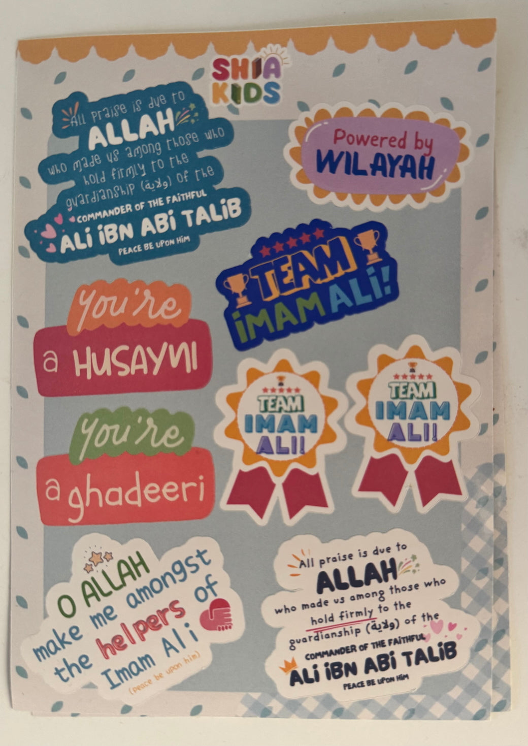 Sheet of Ghadeer stickers branded 'Shia Kids'.