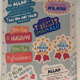 Sheet of Ghadeer stickers branded 'Shia Kids'.