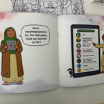 Open book showing illustrations of a woman and a child with educational content on a tablet.