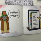 Open book showing illustrations of a woman and a child with educational content on a tablet.