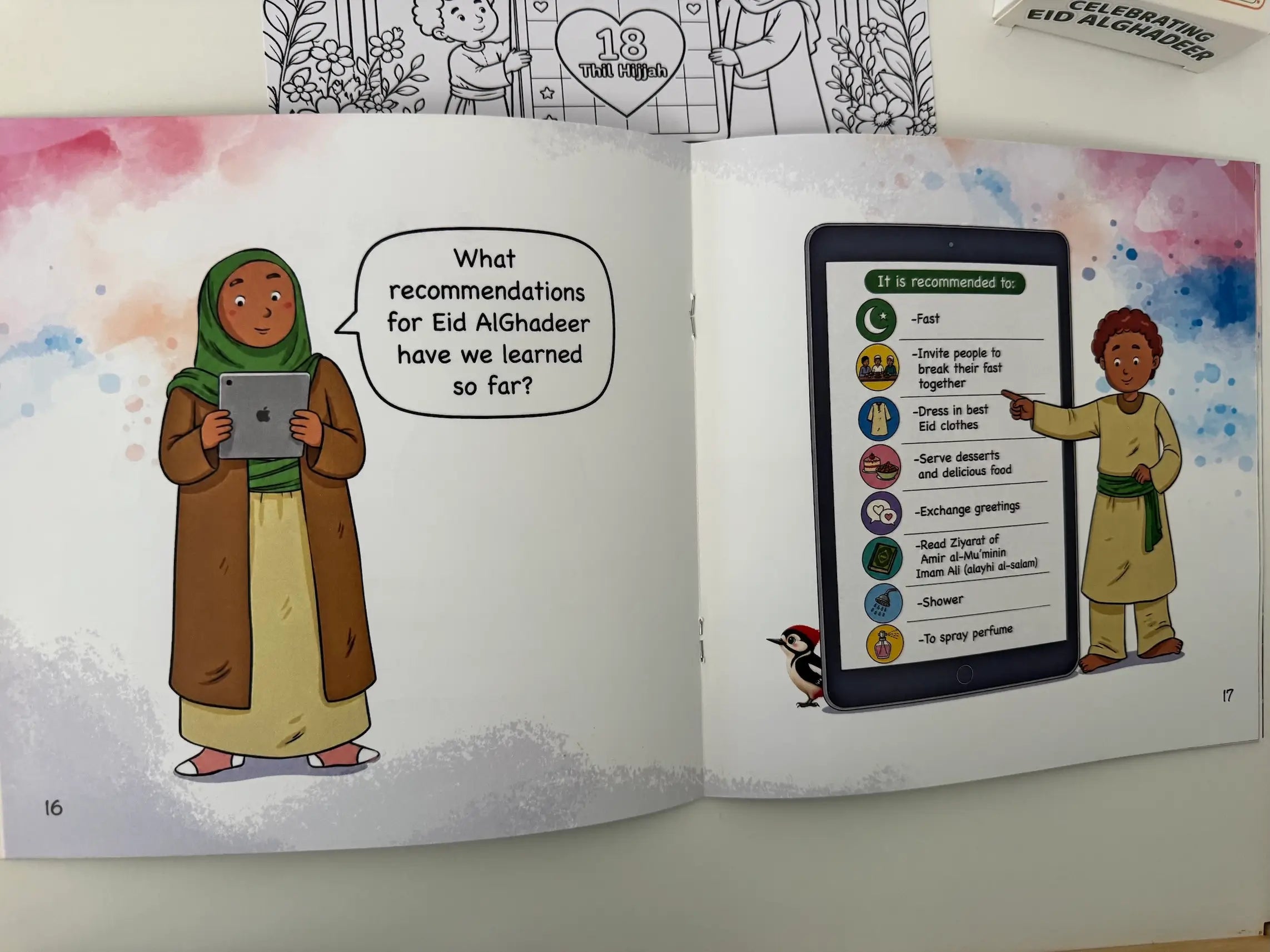 Open book showing illustrations of a woman and a child with educational content on a tablet.