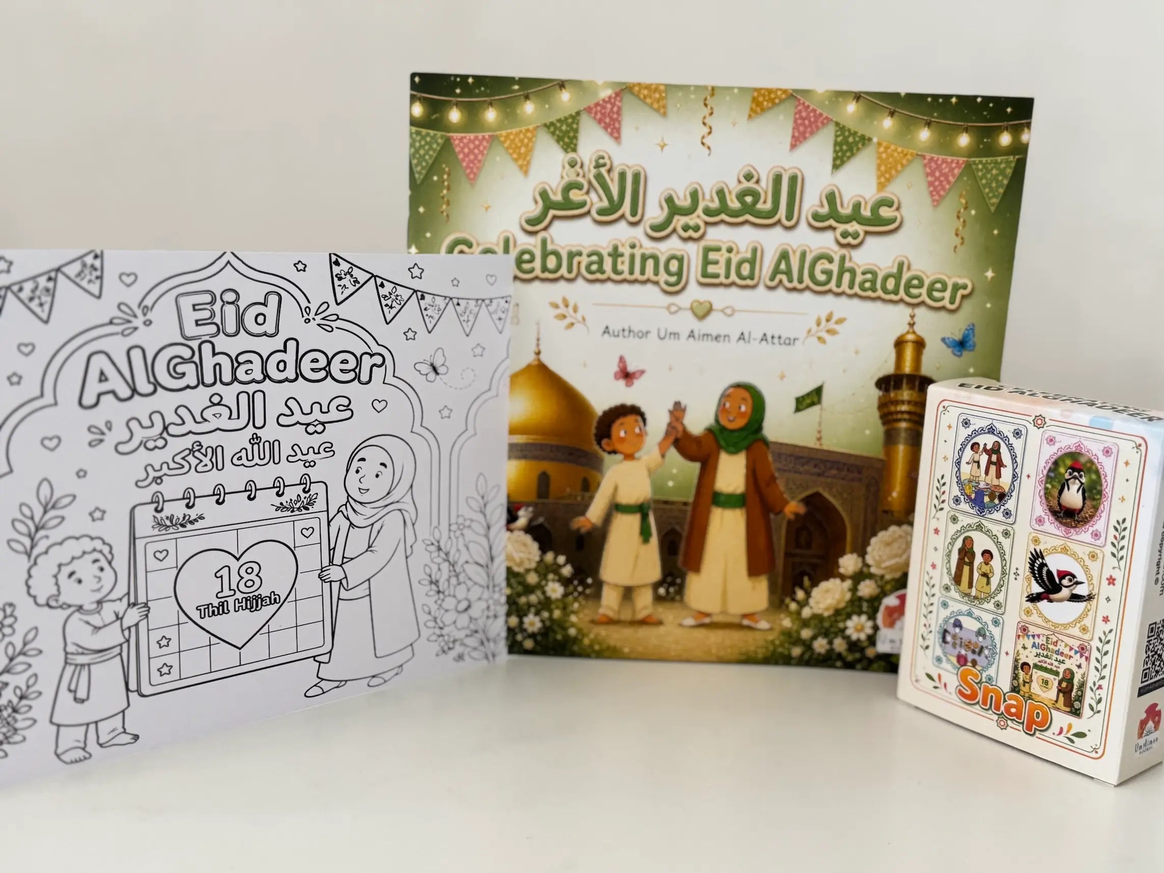 Eid-themed book and coloring page on a white background