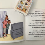 Open book with illustrations and text on a white background