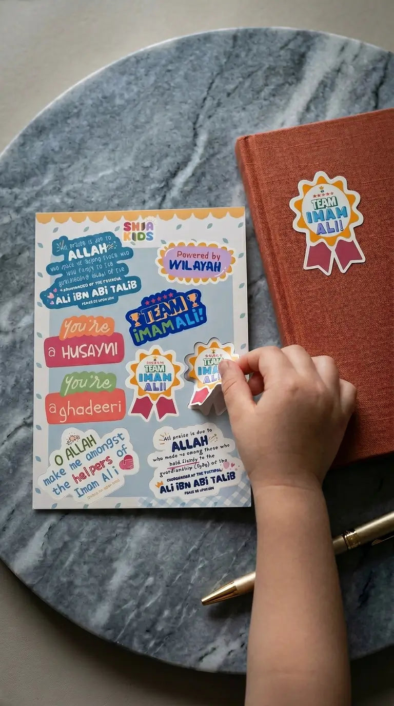 Sheet of colorful Eid al-Ghadir stickers, with a hand reaching for one of the stickers.