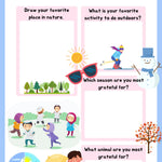 Educational worksheet titled 'Grateful for Nature' with illustrations and text prompts.