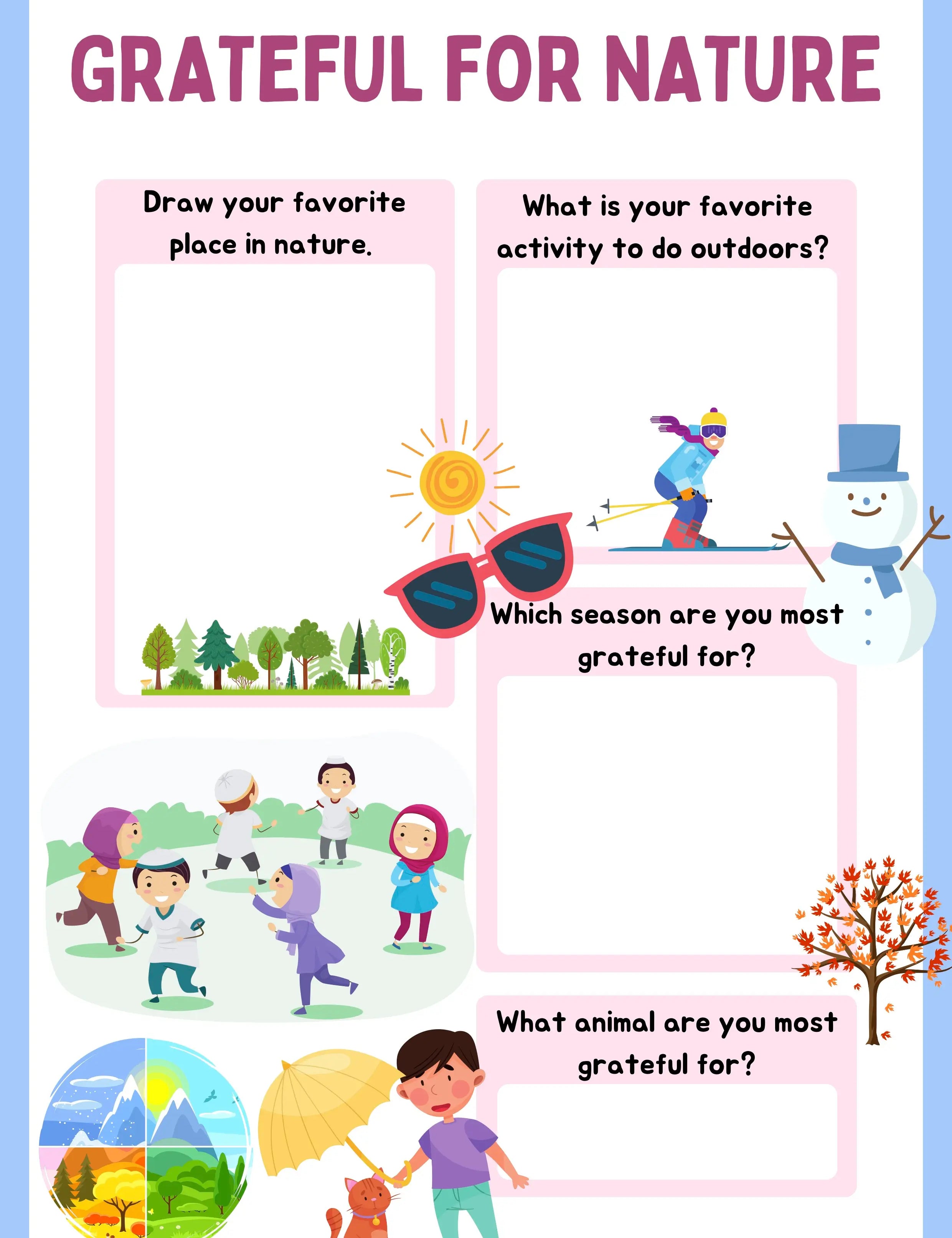 Educational worksheet titled 'Grateful for Nature' with illustrations and text prompts.