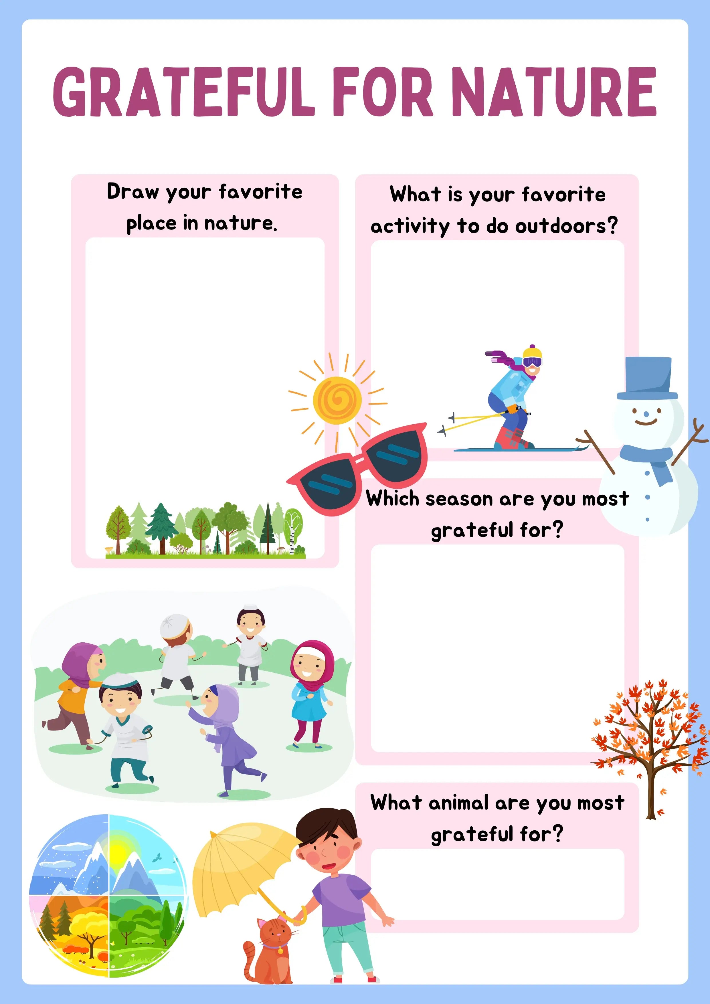 Educational worksheet titled 'Grateful for Nature' with illustrations and text prompts.