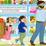 A colorful illustrated grocery store checkout scene with three people: an adult man pushing a shopping cart, a child walking beside him, and a child running toward a free item sign. Shelves in the background show canned goods, snacks, and packaged foods.