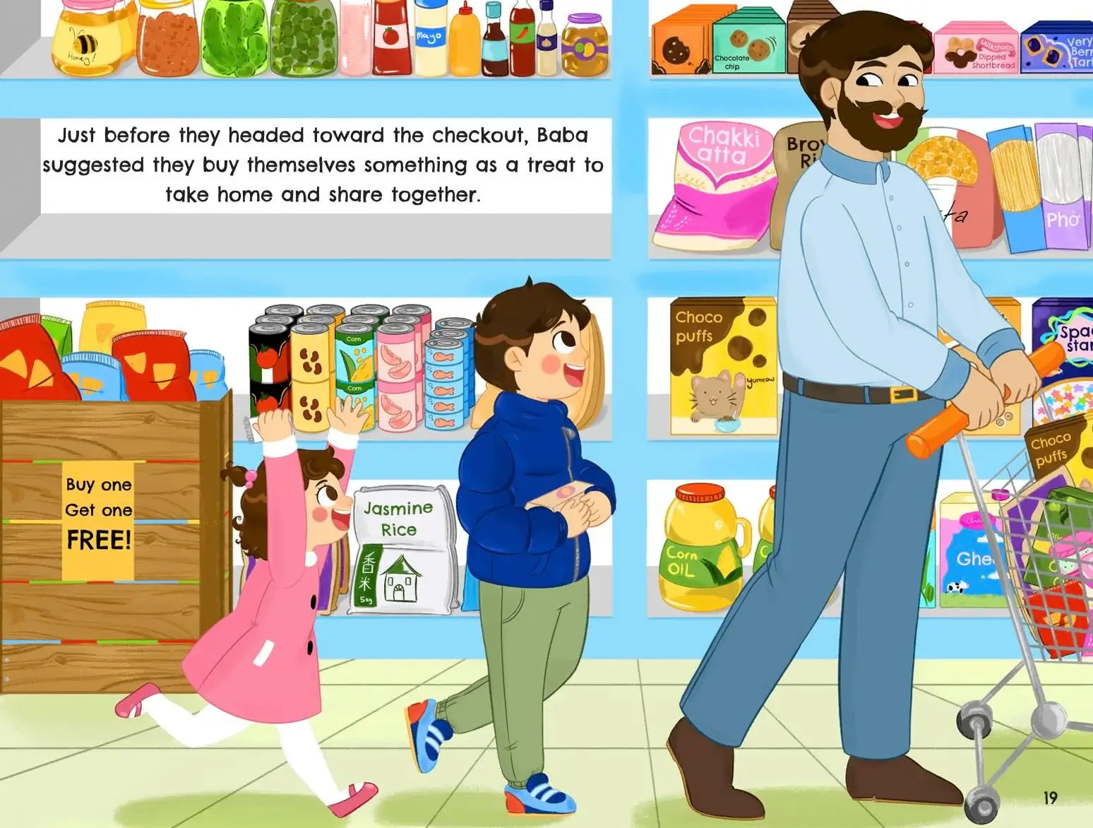 A colorful illustrated grocery store checkout scene with three people: an adult man pushing a shopping cart, a child walking beside him, and a child running toward a free item sign. Shelves in the background show canned goods, snacks, and packaged foods.