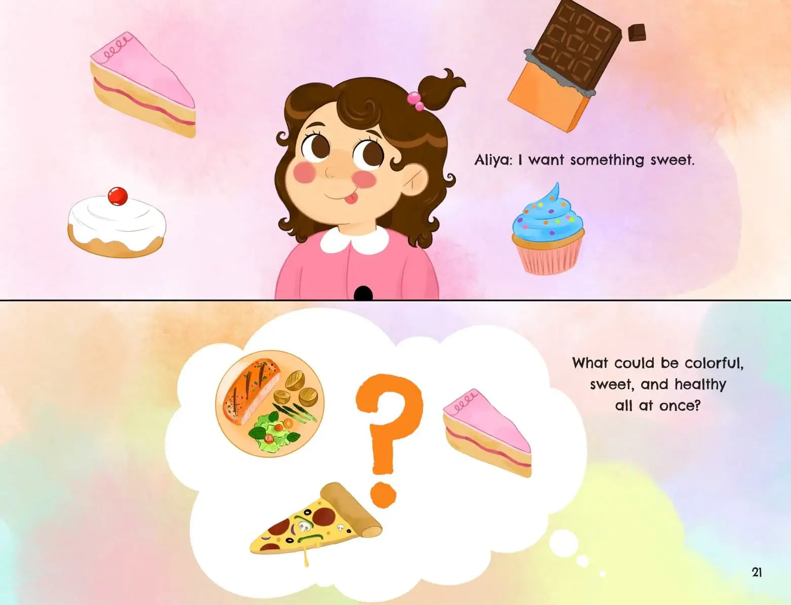 A children's educational book or activity card featuring cartoon illustrations. The top panel shows a girl named Aliya with text saying 'I want something sweet.