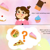 A children's educational book or activity card featuring cartoon illustrations. The top panel shows a girl named Aliya with text saying 'I want something sweet.