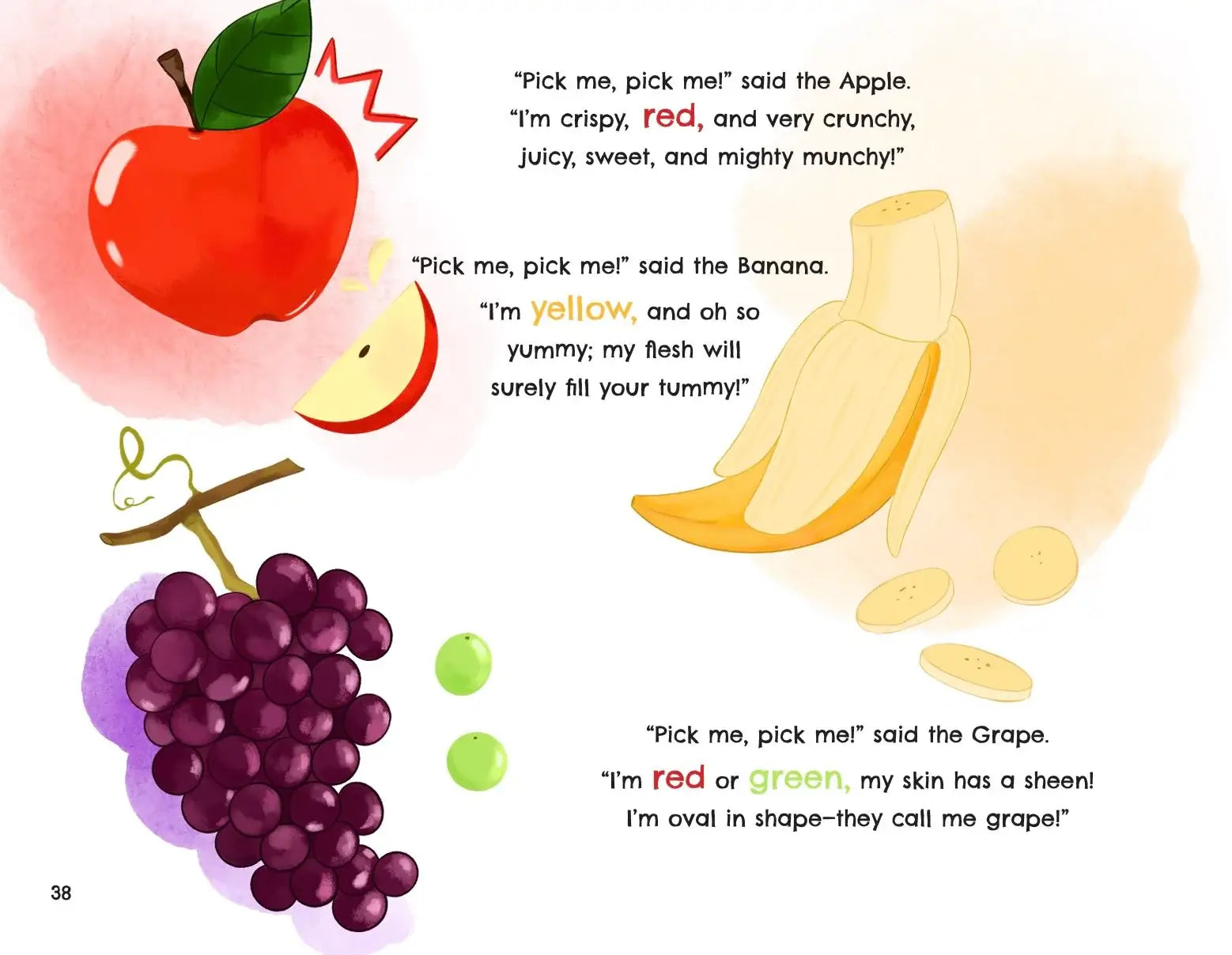 A children's educational illustration page featuring watercolor-style drawings of an apple, banana, and grape with playful text describing their colors and shapes.
