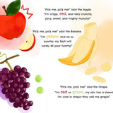 A children's educational illustration page featuring watercolor-style drawings of an apple, banana, and grape with playful text describing their colors and shapes.