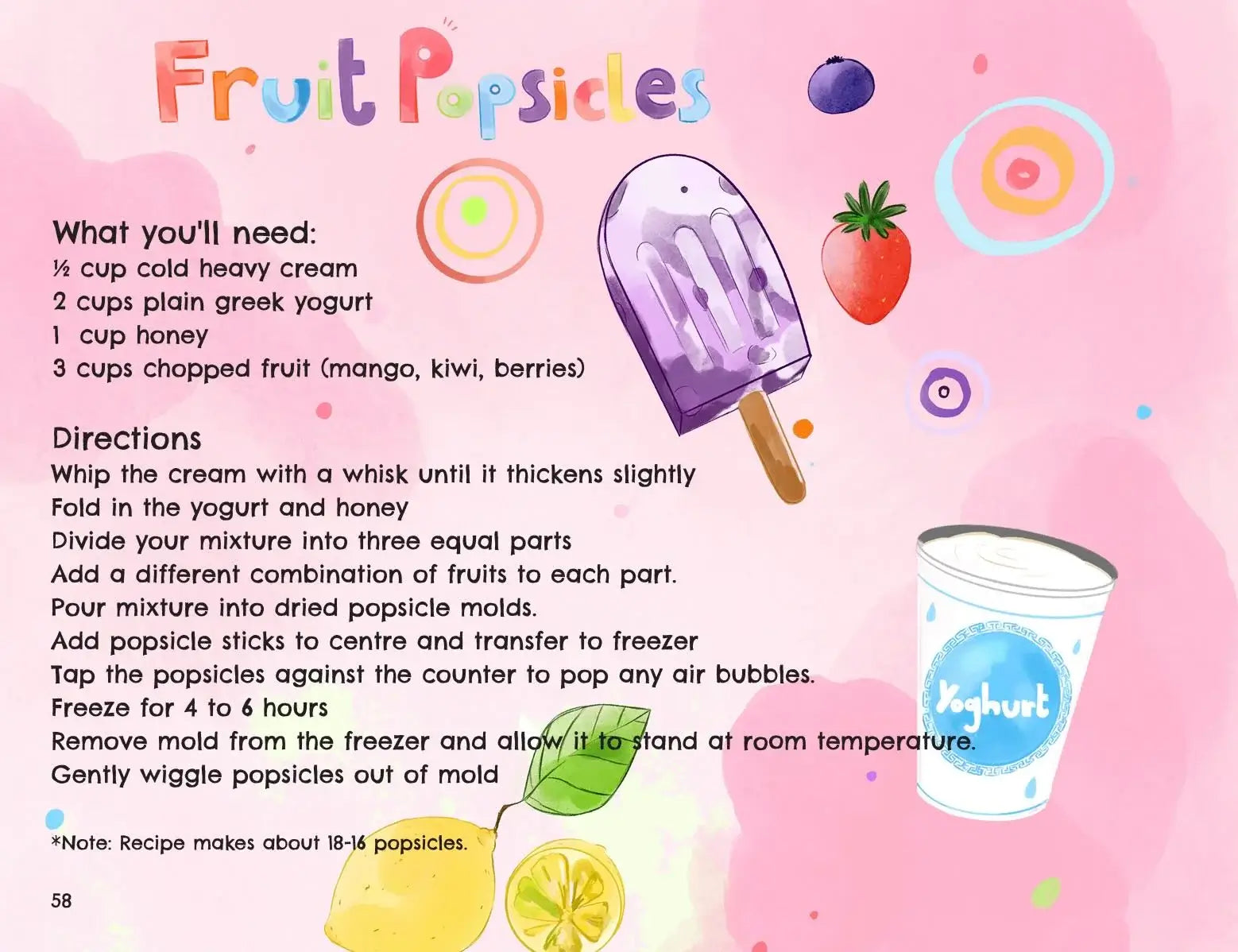 A recipe card for Fruit Popsicles on a light pink background. The card lists ingredients and step-by-step directions for making yogurt fruit popsicles, with illustrations of a purple popsicle, a strawberry, a lemon, and a yogurt cup.