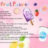A recipe card for Fruit Popsicles on a light pink background. The card lists ingredients and step-by-step directions for making yogurt fruit popsicles, with illustrations of a purple popsicle, a strawberry, a lemon, and a yogurt cup.