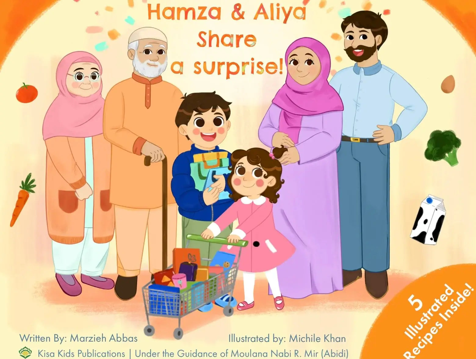 Illustrated book cover for 'Hamza & Aliya Share a surprise!' featuring cartoon family members gathered around a shopping cart with groceries, on a warm orange background with text and small food icons.