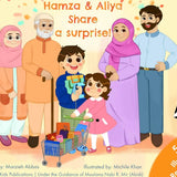 Illustrated book cover for 'Hamza & Aliya Share a surprise!' featuring cartoon family members gathered around a shopping cart with groceries, on a warm orange background with text and small food icons.