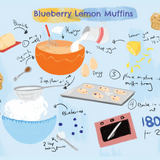 An illustrated recipe card for Blueberry Lemon Muffins on a light blue background, showing step-by-step mixing and baking instructions with drawings of ingredients and muffins.