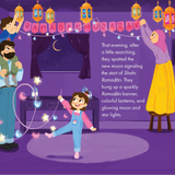 A children's book illustration for Ramadan featuring a family hanging colorful lanterns and string lights in a purple room, with a banner reading 'RAMADAN MUBARAK' and a text block with an Arabic calligraphy symbol.