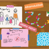 A corkboard-style collage with hand-drawn family artwork, colorful number 20 beads, a mosque illustration, a star, a cupcake, and handwritten notes including 'My Family,' 'Alhamdulillah,' and 'Allahu Akbar.'.