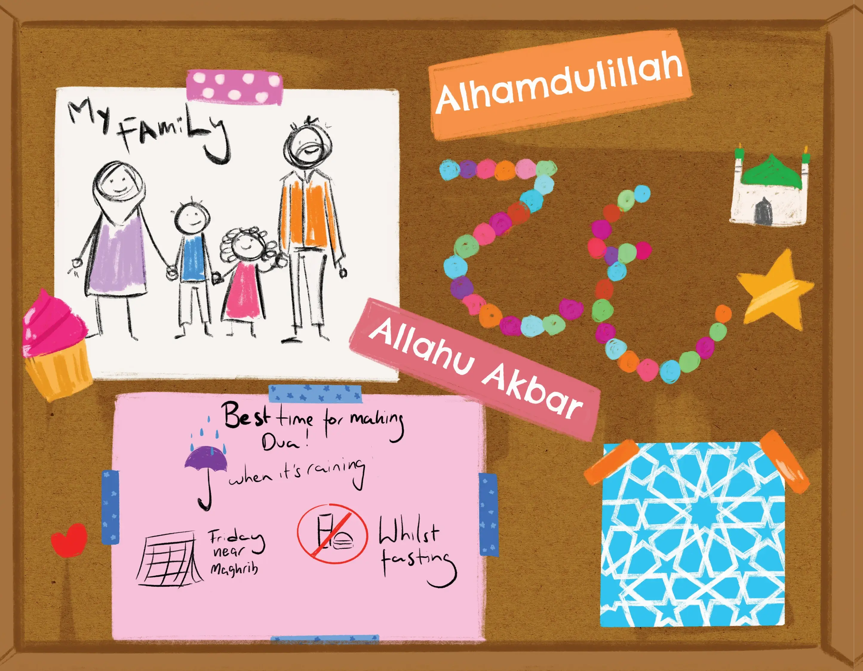 A corkboard-style collage with hand-drawn family artwork, colorful number 20 beads, a mosque illustration, a star, a cupcake, and handwritten notes including 'My Family,' 'Alhamdulillah,' and 'Allahu Akbar.'.