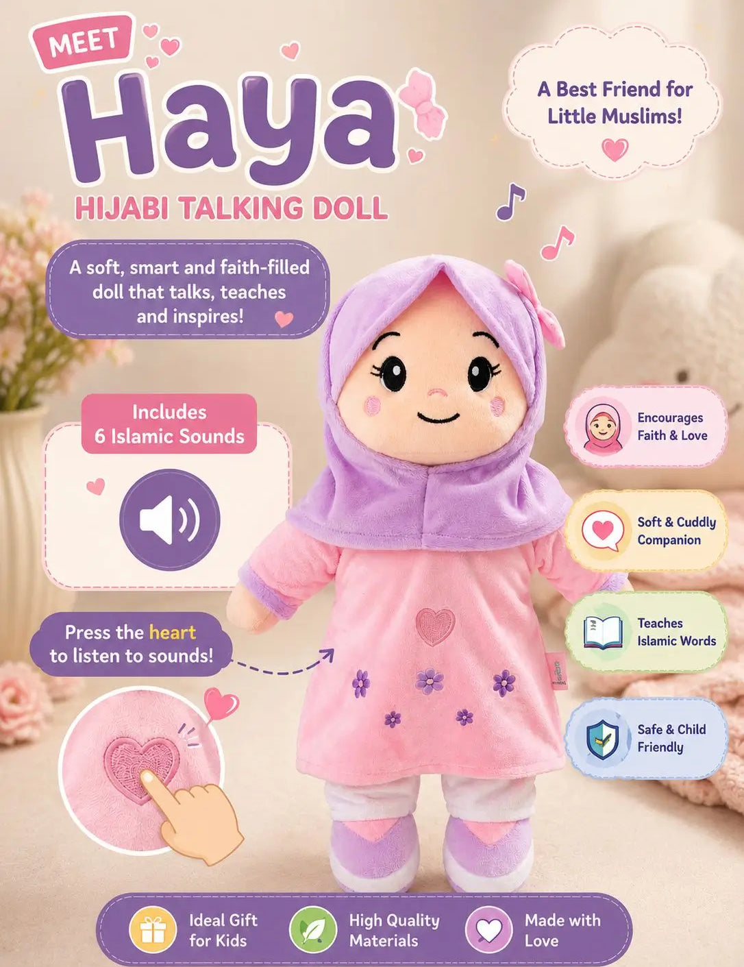 Promotional graphic for the Haya Hijabi Talking Doll, showing a plush doll wearing a pink hijab and dress with purple accents, surrounded by feature callouts and text on a soft beige background.