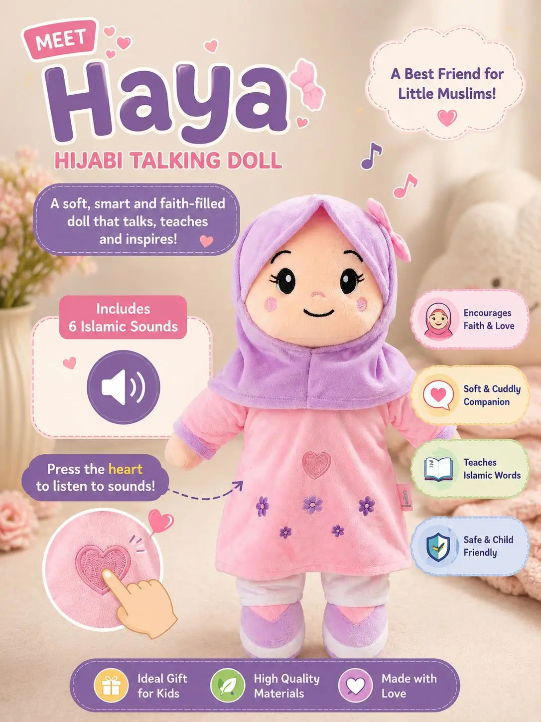 Promotional graphic for the Haya Hijabi Talking Doll, showing a plush doll wearing a pink hijab and dress with purple accents, surrounded by feature callouts and text on a soft beige background.
