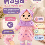 Promotional graphic for the Haya Hijabi Talking Doll, showing a plush doll wearing a pink hijab and dress with purple accents, surrounded by feature callouts and text on a soft beige background.
